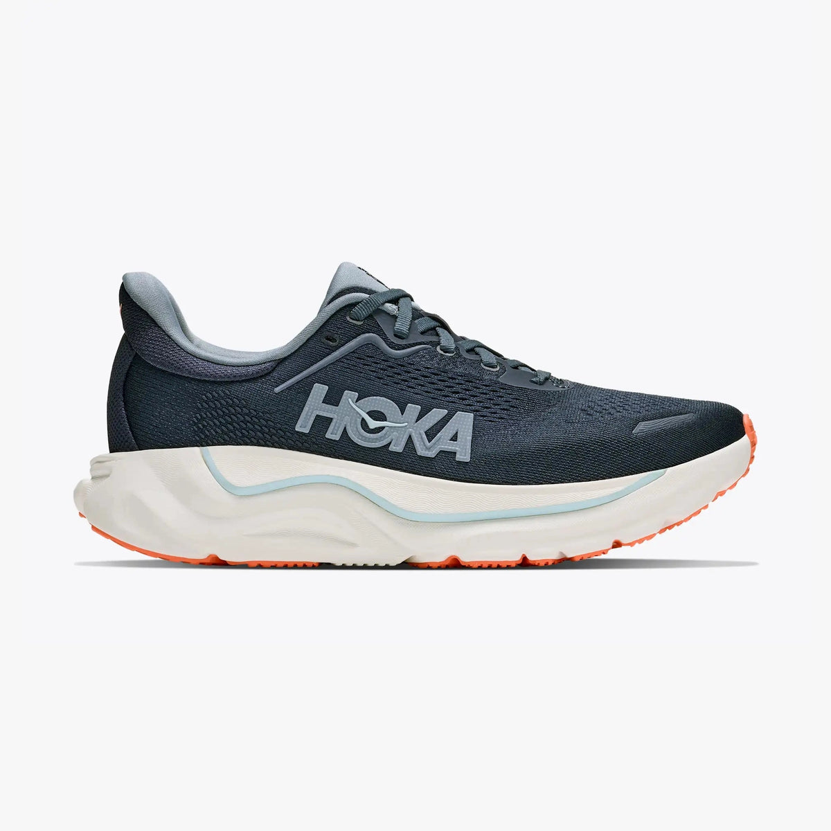 A Hoka Arahi 9 -- Women's running shoe in dark navy blue with a thick white midsole and orange outsole accents, shown from a side profile view against a light gray background.