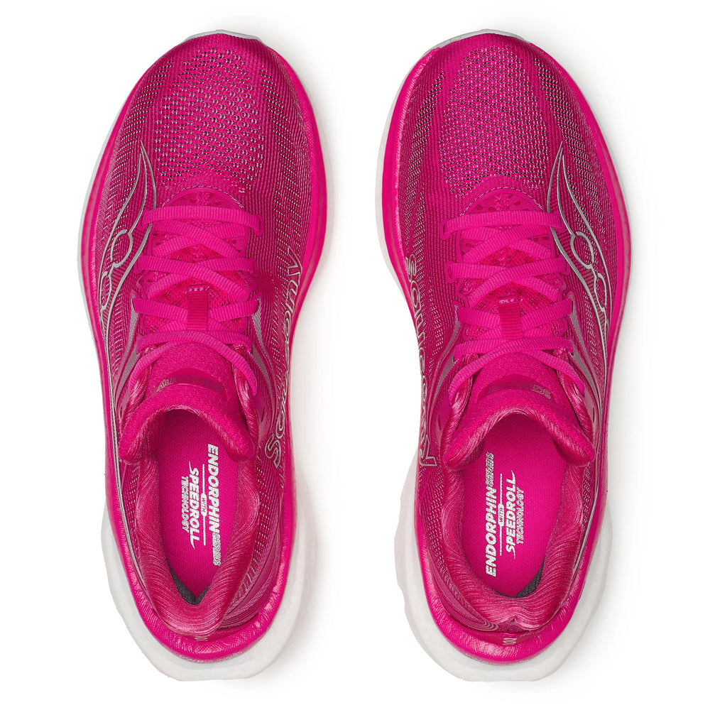 A pair of bright pink Saucony Endorphin Speed 6--Women's shoes shown from top and side views on a clean white background. The shoes feature a mesh upper, matching pink laces, and a thick white midsole.