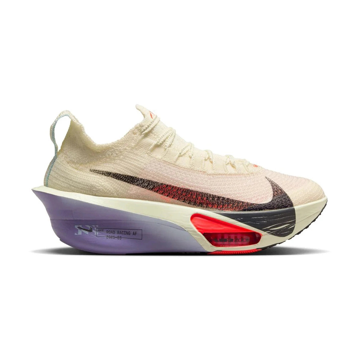 A Nike Alphafly 3 – Women's running shoe in a light cream knit upper with a black and red Swoosh, a purple translucent midsole, and a red Air Zoom unit in the forefoot, shown against a plain white background.