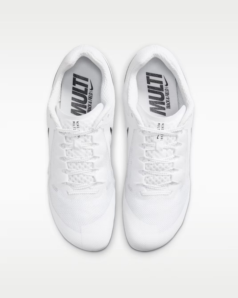 A pair of white Nike Zoom Rival Multi – Men's running shoes shown from a top-down view on a light gray background.