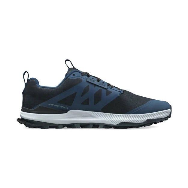 Lone Peak 8 a men's navy blue with bright blue three-stripes, and a white rubber sole, shown from a side profile on a white background.