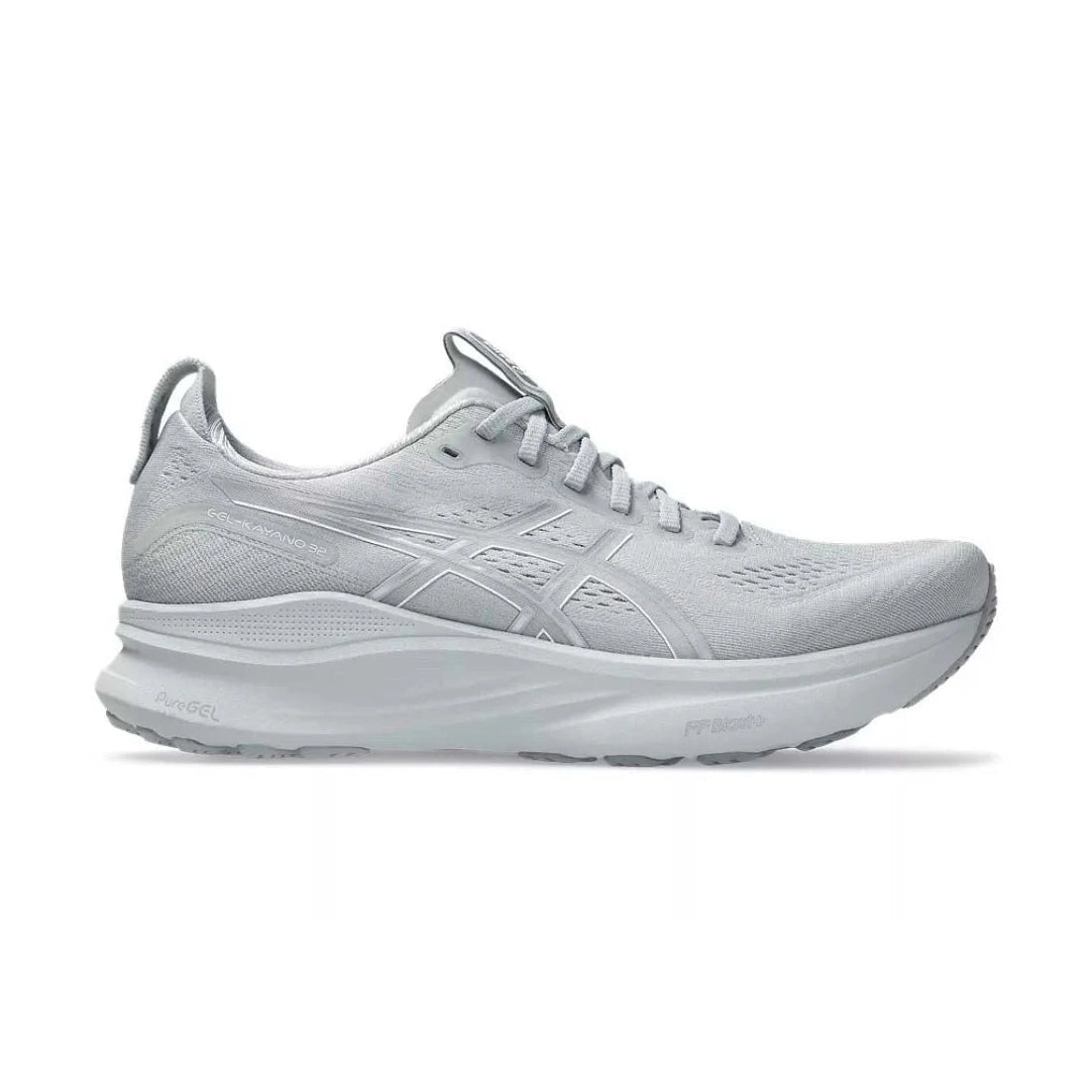 Gel-Kayano 32 light grey sneaker on a white background.