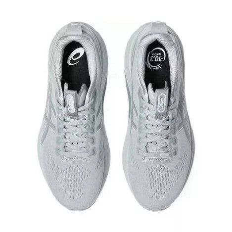 A pair of light gray Asics Gel-Kayano 32 running shoes shown from a top-down view on a plain white background.