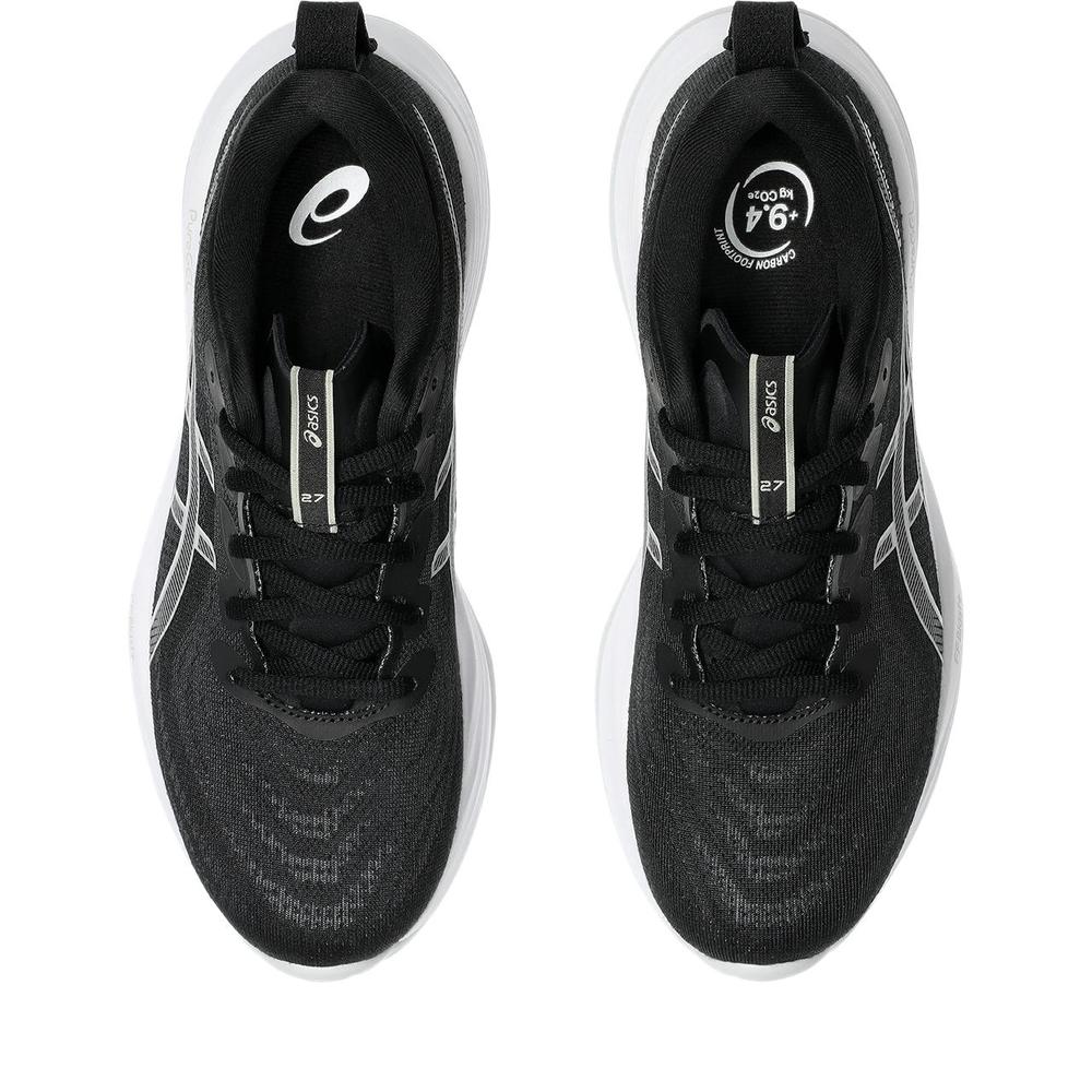 Black Gel Cumulus 27 running shoes with white accents on a white background