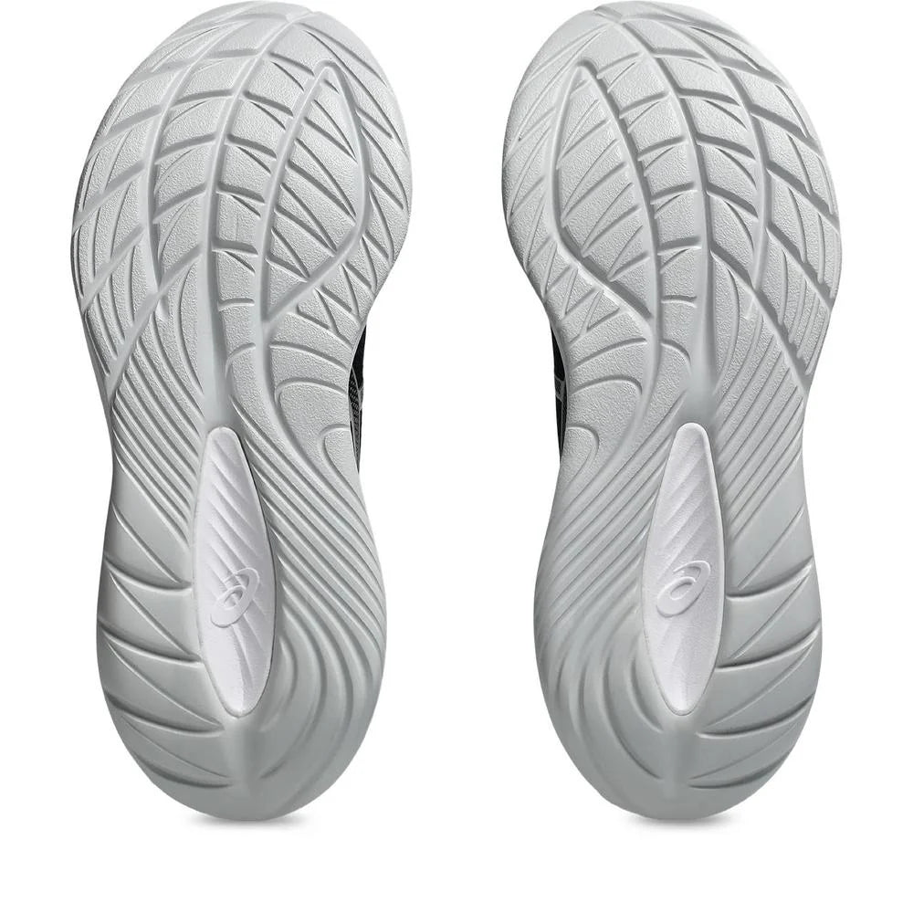 A pair of Gel Cumulus 27 athletic shoes shown from the sole view, displaying the textured gray and white tread patterns against a clean white background.