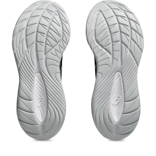 A pair of Gel Cumulus 27 athletic shoes shown from the sole view, displaying the textured gray and white tread patterns against a clean white background.