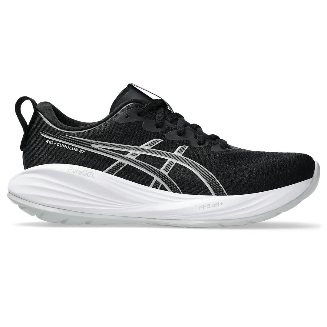 Black Gel Cumulus 27 running shoe with white sole on a white background.