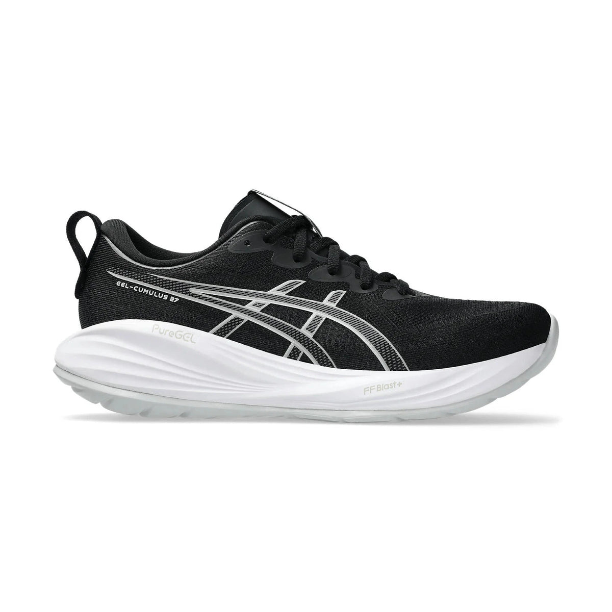 Black Gel Cumulus 27 running shoe with white sole on a white background.