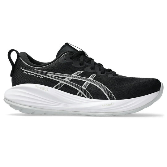 Black Gel Cumulus 27 running shoe with white sole on a white background