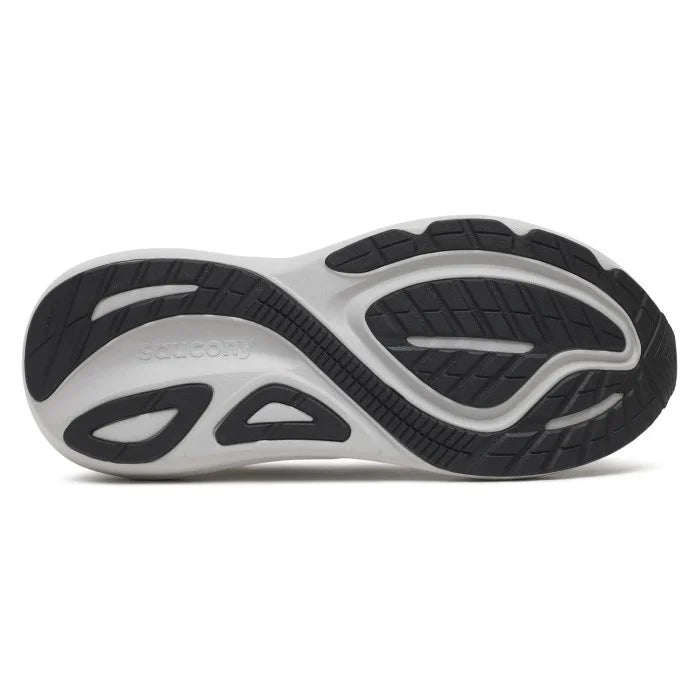 The outsole of a Saucony athletic shoe, showing a black and white tread pattern on a clean white background.