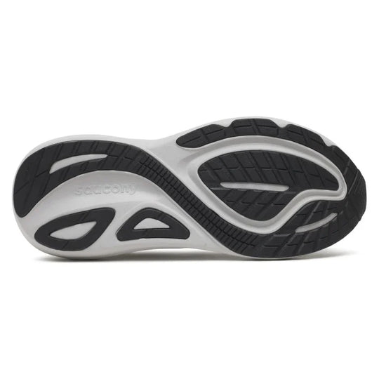 The outsole of a Saucony athletic shoe, showing a black and white tread pattern on a clean white background.