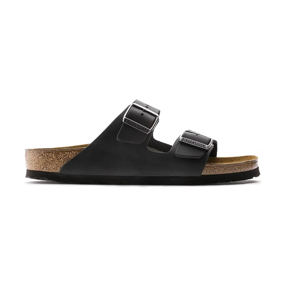 Black BIRKENSTOCK Arizona sandal with cork sole on a white background