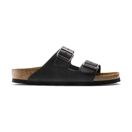 Black BIRKENSTOCK Arizona sandal with cork sole on a white background