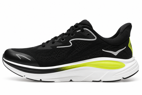 A black Clifton 10 -- Youth running shoe with a white and neon yellow sole, featuring a black mesh upper, black laces, and a white and black logo on the side, shown against a plain white background.