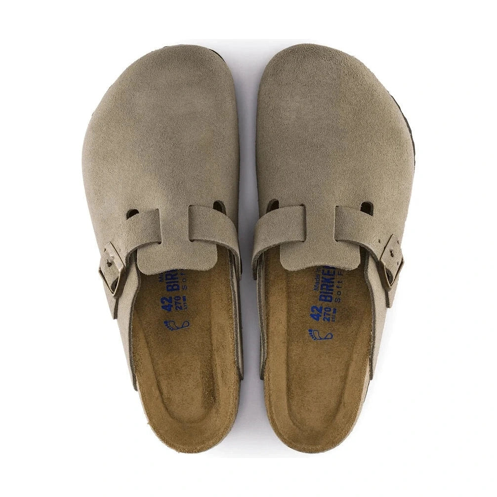 Pair of beige suede Birkenstock Boston Soft Footbed clogs on a white background