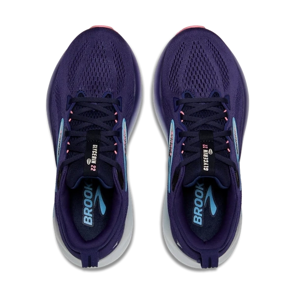 A pair of Brooks Glycerin Gts 22 – Women's running shoes in dark purple, shown from a top-down view against a white background.