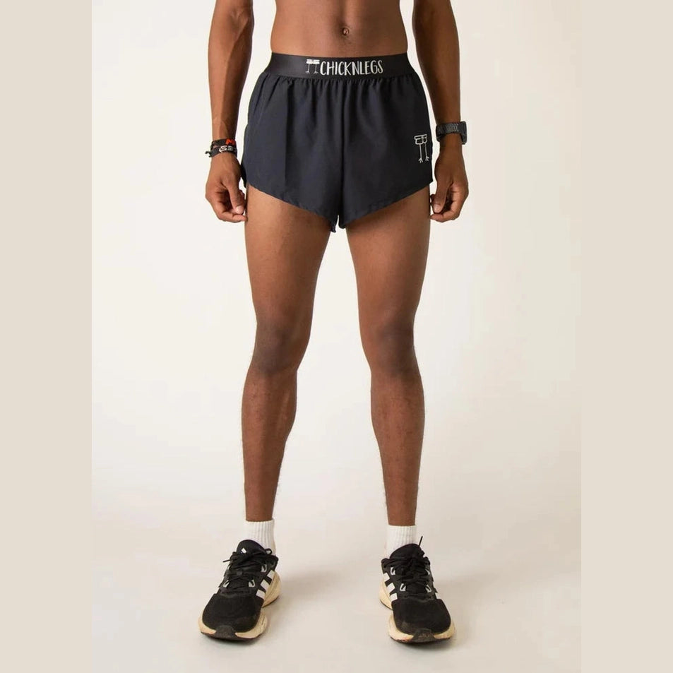 Person wearing black Chicknlegs 2" Split Shorts – Men's with visible branding on a white background