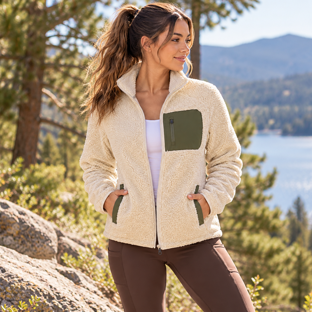 A woman wearing a cream sherpa Sherpa Fleece Jacket – Women&