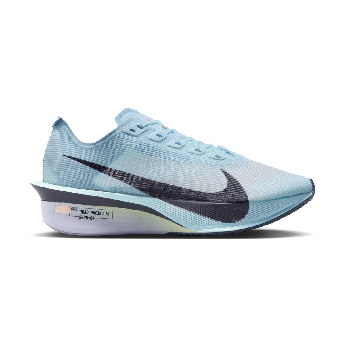 A Nike Vaporfly 4 – Women's running shoe in light blue with a dark navy swoosh, shown from the side profile on a white background.