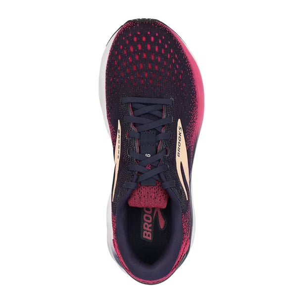 Brooks Ghost 16 – Women's running shoe shown from a top-down view, featuring a dark navy and magenta knit upper with a white and magenta midsole.