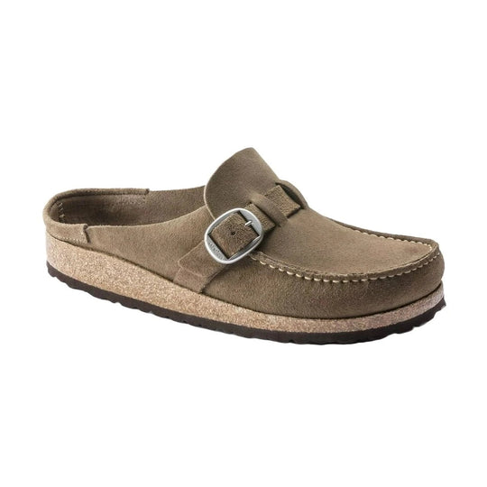 A taupe-brown suede BIRKENSTOCK Buckley clog shoe with a silver buckle strap and a cork-textured midsole, shown from a three-quarters angle on a white background.