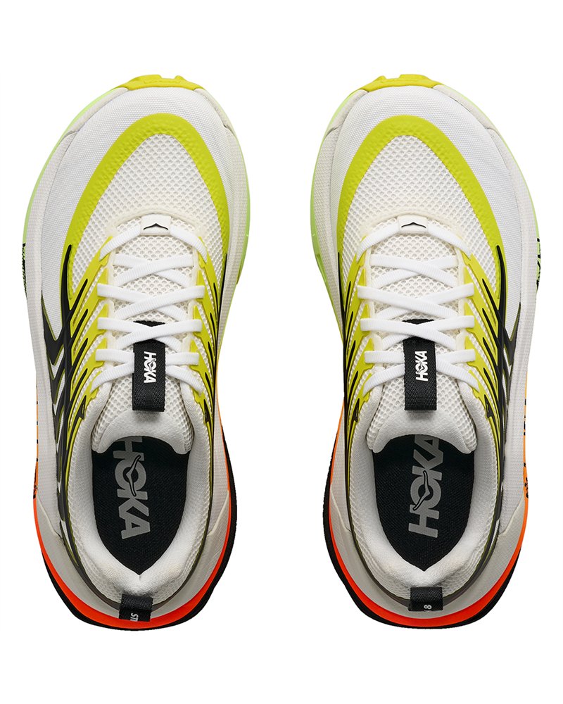 A pair of Stinson 8 – Men's running shoes shown from a top-down view, featuring a white mesh upper with neon yellow, black, and orange accents.