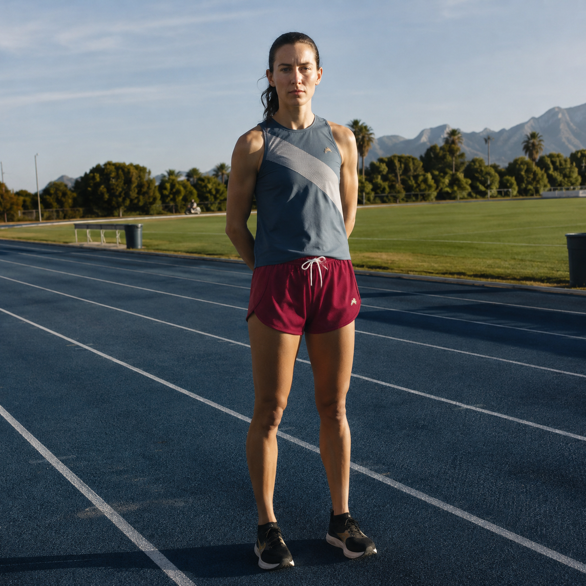 A woman stands on a blue running track wearing a slate blue athletic tank top with a diagonal light gray stripe and dark red Van Cortlandt Short – Women's athletic shorts, with a grassy field and mountains in the background.