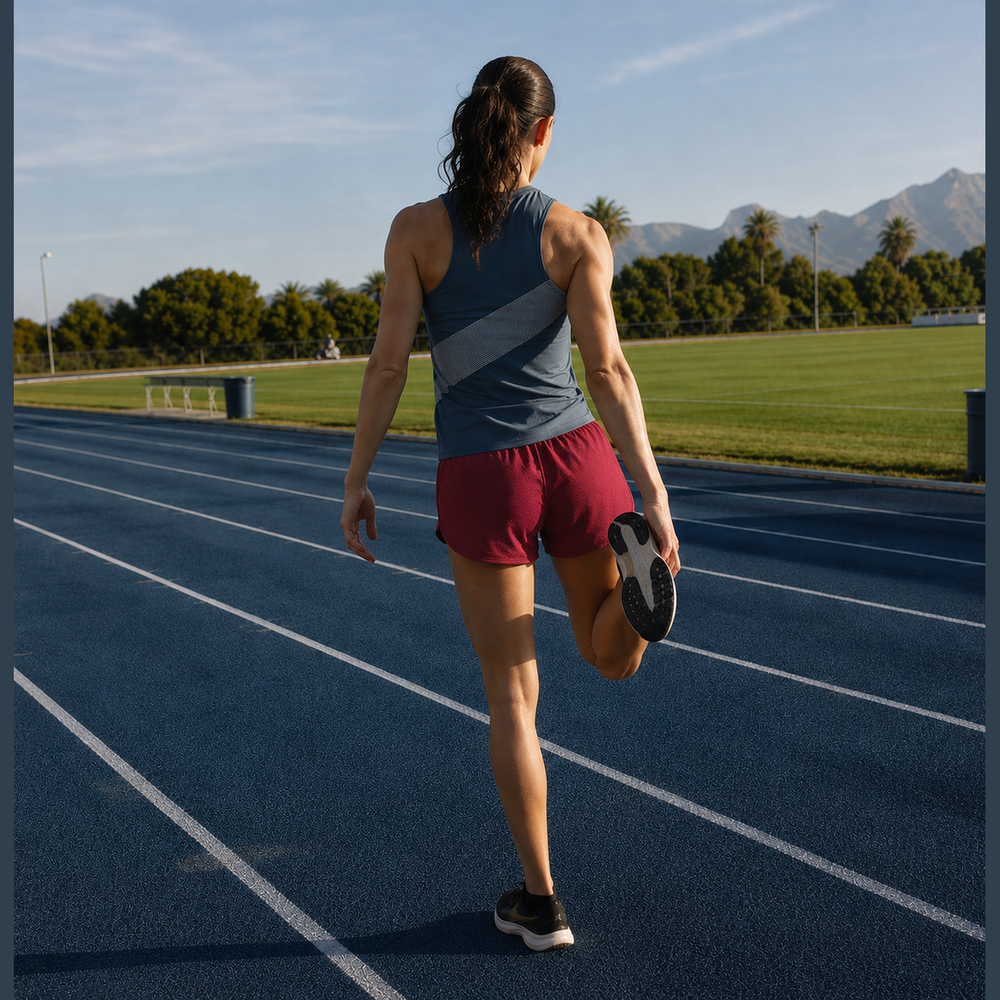 A woman on a blue running track stretches her quadriceps, viewed from behind. She is wearing a slate blue athletic tank top with a diagonal gray stripe and burgundy athletic shorts.