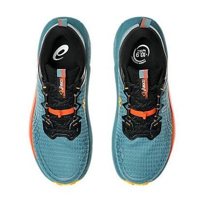 A pair of Asics Gel Trabuco 13 running shoes in a teal blue colorway with black and orange accents, shown from a top-down view on a white background.