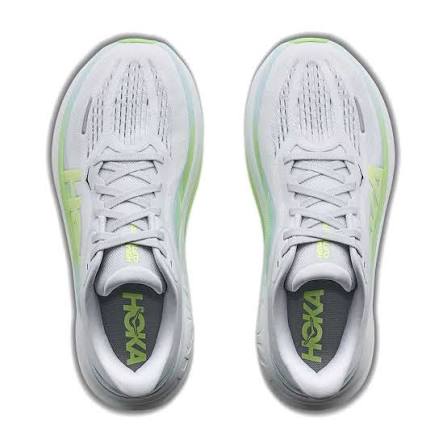 A pair of white Clifton Pro – Women's running shoes shown from a top-down view, featuring light green accents on the sides and tongue, and a dark gray interior lining with the HOKA logo.
