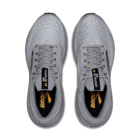 A pair of Brooks Adrenaline Gts 24 – Men's running shoes in light gray with black and gold accents, shown from a top-down view on a white background.