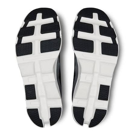 Top-down view of a pair of athletic shoes showing their black and white outsoles against a white background.