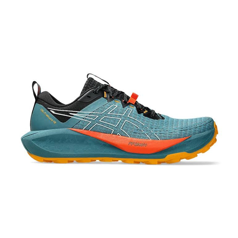 A single ASICS Gel Trabuco 13 trail running shoe in teal blue with a bright orange accent stripe, black laces, and a yellow-orange outsole, shown in profile against a white background.