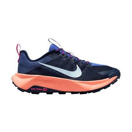 A Nike Wildhorse 10 – Women's Trailrunning shoe in navy blue and coral orange, featuring a white Swoosh logo and purple accents on the laces and tongue, shown against a plain white background.