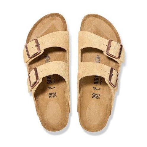 A pair of Birkenstock double-strap slide sandals in tan suede, shown from a top-down view on a white background.
