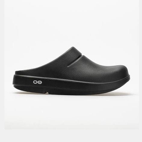 Black OOfos OOclog clog shoe on a white background