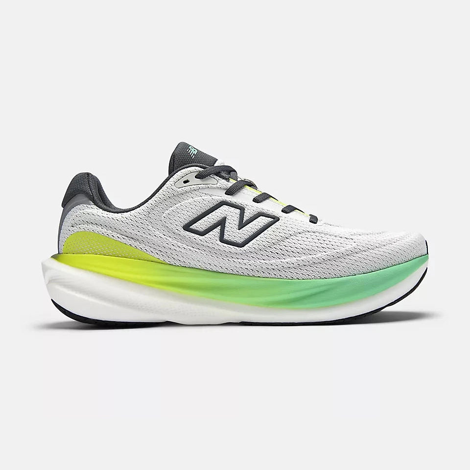 White New Balance 1080 V15 – Men's running shoe with green sole on a white background