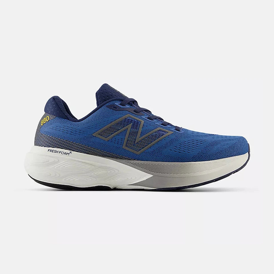 Blue New Balance Fresh Foam X 880 V15 running shoe with white sole on a light gray background