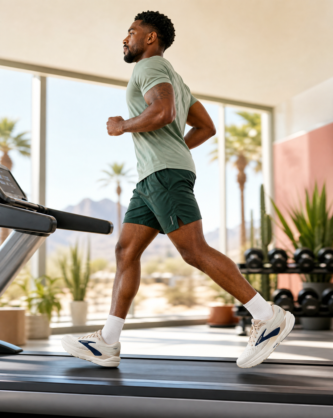 Man running in Brooks Ghost Max 3 on a treadmill in a gym with palm trees outside