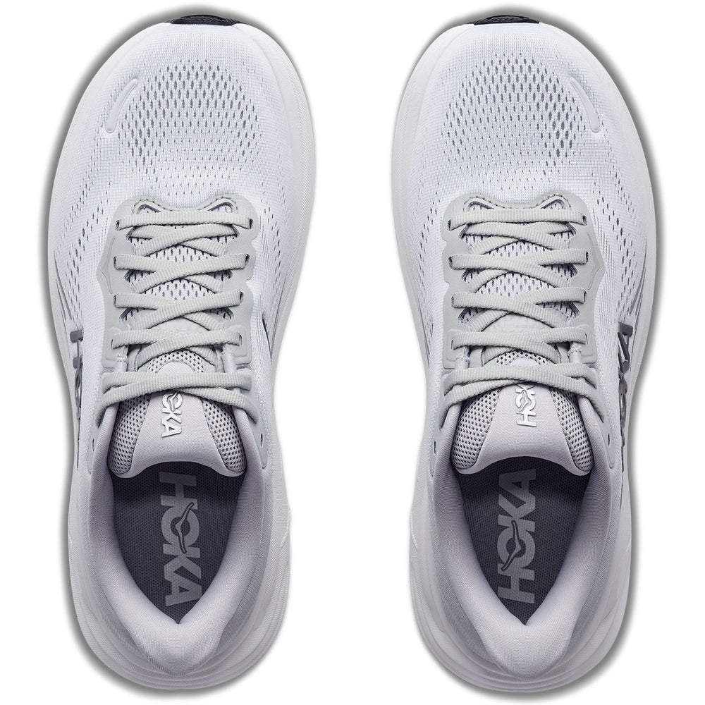 A pair of white and light gray Hoka Clifton 11 – Women's running shoes shown from a top-down view on a plain white background.
