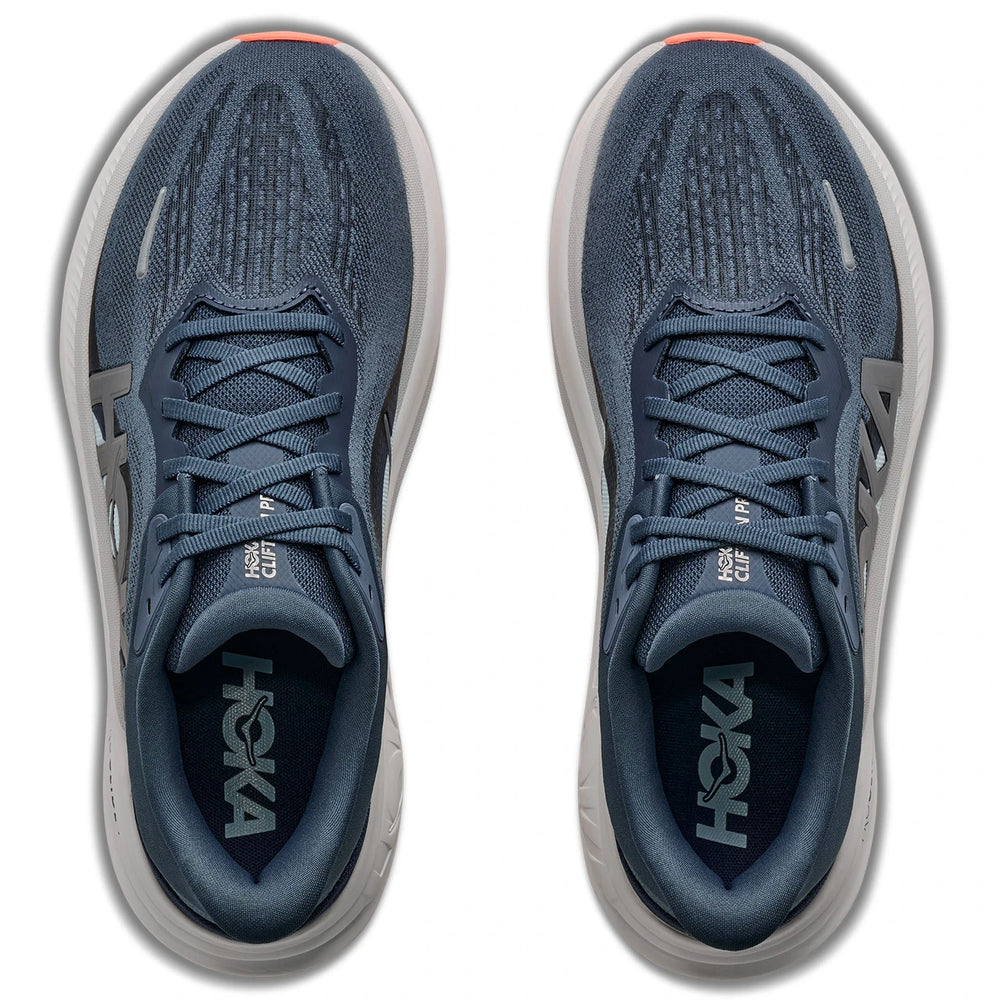 A pair of Clifton Pro – Women's running shoes shown from a top-down view, featuring a slate blue-gray mesh upper, matching blue-gray laces, and a white midsole.