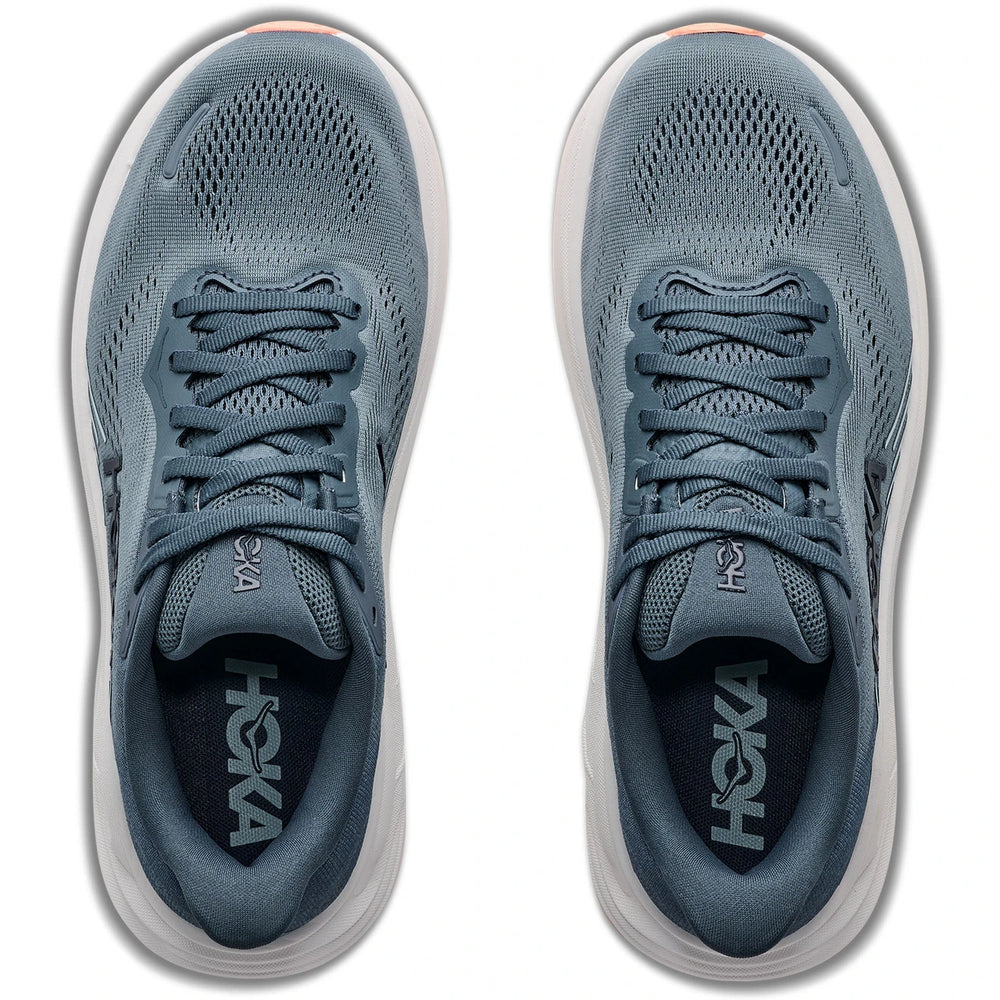 A pair of Hoka Clifton 11 – Women's running shoes shown from the top, featuring a slate blue-gray mesh upper, matching blue-gray laces, and a white midsole and outsole.