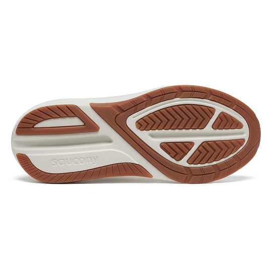 The outsole of a Saucony shoe, showing a brown treaded rubber bottom with a white midsole, photographed on a clean white background.