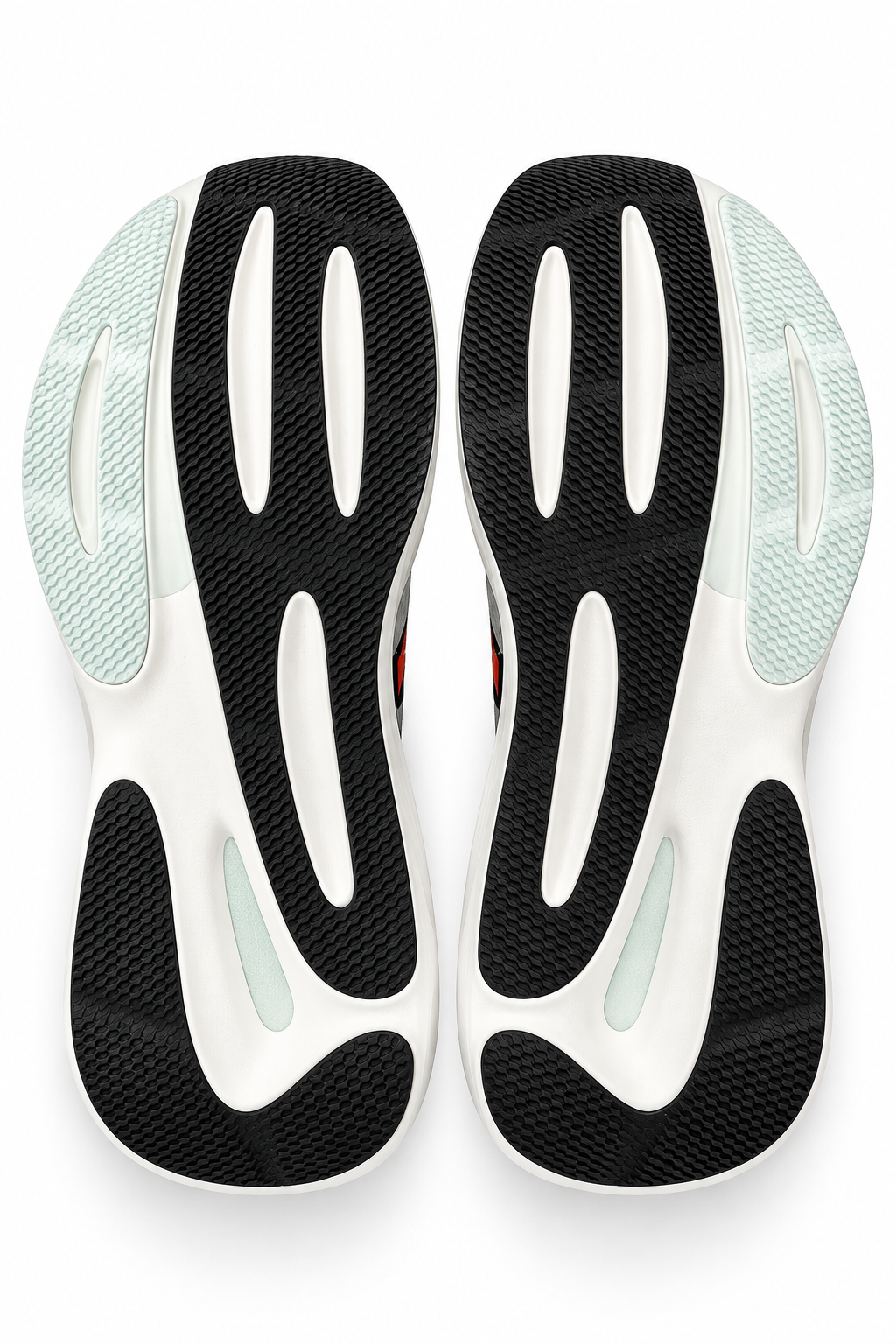A pair of New Balance Fresh Foam X 860 V15 athletic sneakers shown from the sole view, featuring a bold black and white design with light mint green accents on a clean white background.