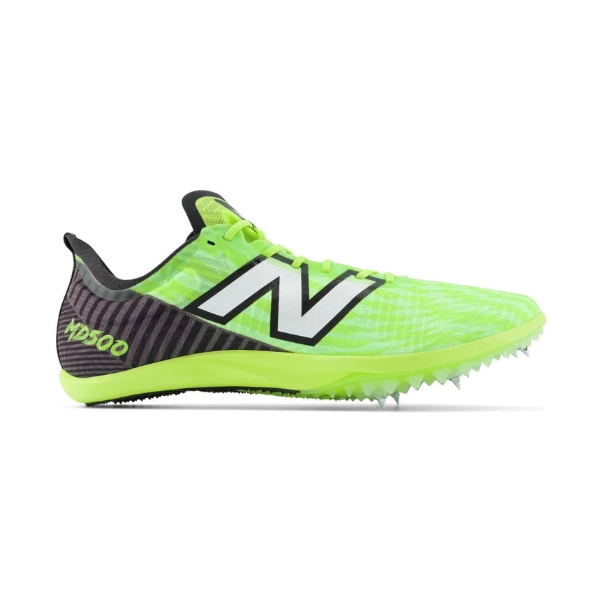 A single New Balance Md500 V9 – Men's track shoe in neon yellow-green with a dark gray and black striped heel panel, a large white and black 'N' logo on the side, and spike-style outsoles, shown against a plain white background.
