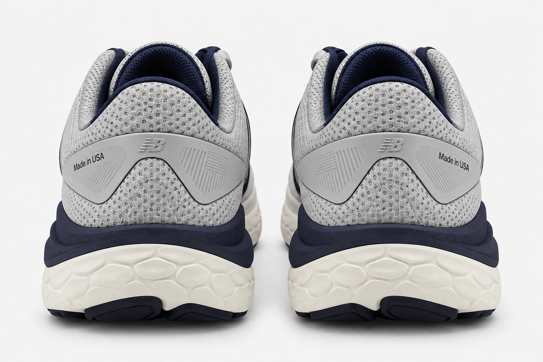A pair of New Balance Fresh Foam X 1540 running shoes shown from the rear, featuring a light gray and white mesh upper, navy blue collar lining, and a thick white and navy honeycomb-patterned midsole.