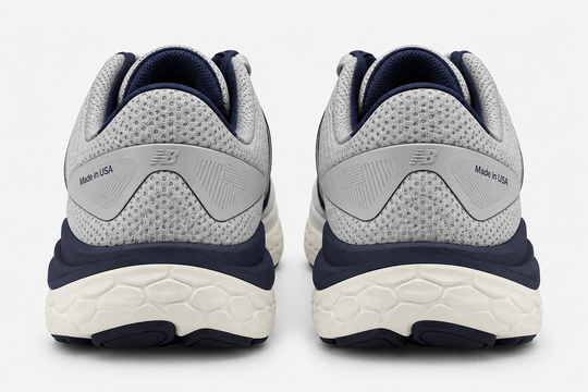 A pair of New Balance Fresh Foam X 1540 running shoes shown from the rear, featuring a light gray and white mesh upper, navy blue collar lining, and a thick white and navy honeycomb-patterned midsole.