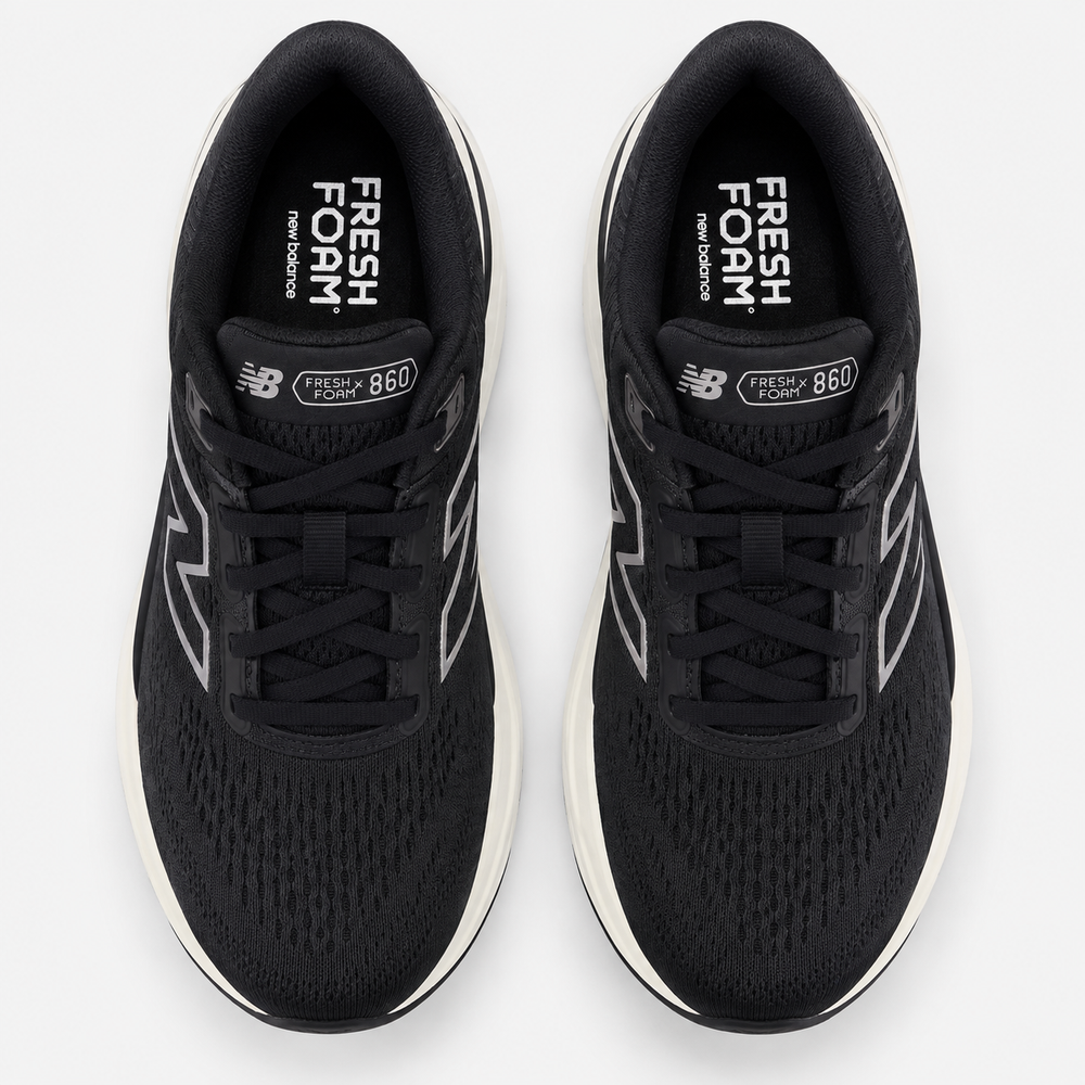 A pair of New Balance 860 V14 – Women's running shoes in black, shown from a top-down view on a light gray background.