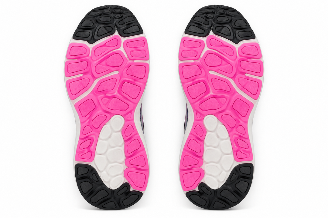 The outsoles of a pair of athletic shoes, showing a design with bright pink, white, and black textured sections, photographed against a solid white background.