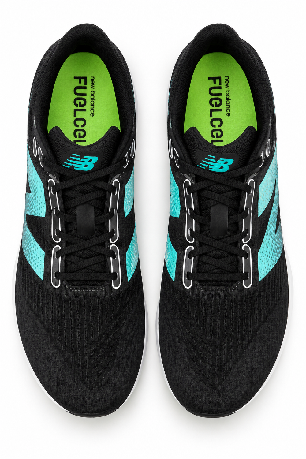 A pair of New Balance Md500 V9 – Men's running shoes shown from a top-down view. The shoes are primarily black with bright turquoise blue side stripes and a vibrant lime green inner lining featuring the 'FuelCell' branding.
